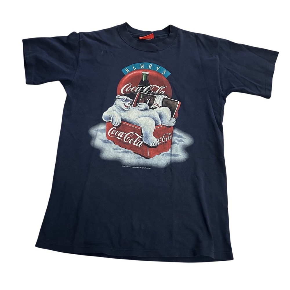 Vintage 1997 Coca-Cola Polar Bear Graphic T-Shirt Navy Blue 90s Promo Large
